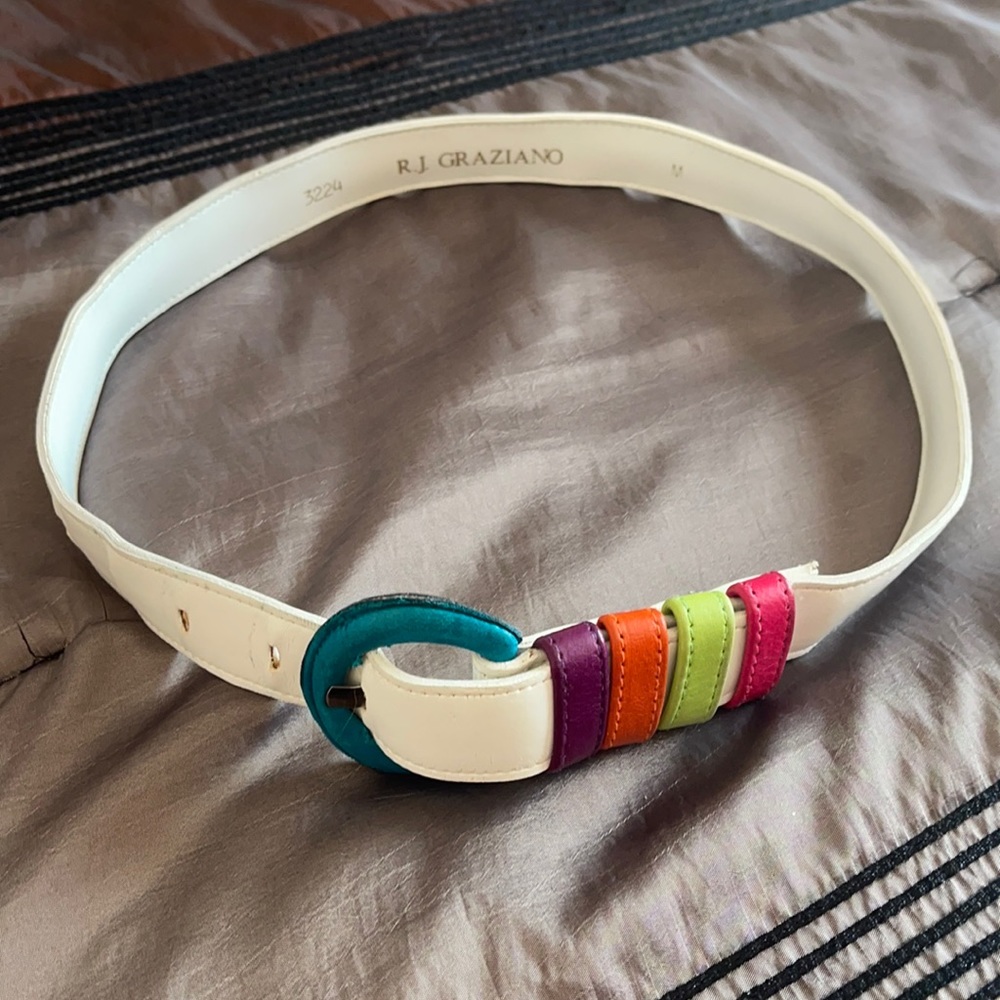 R J Graziano Vintage Belt, White with multiple colors, Vintage Condition